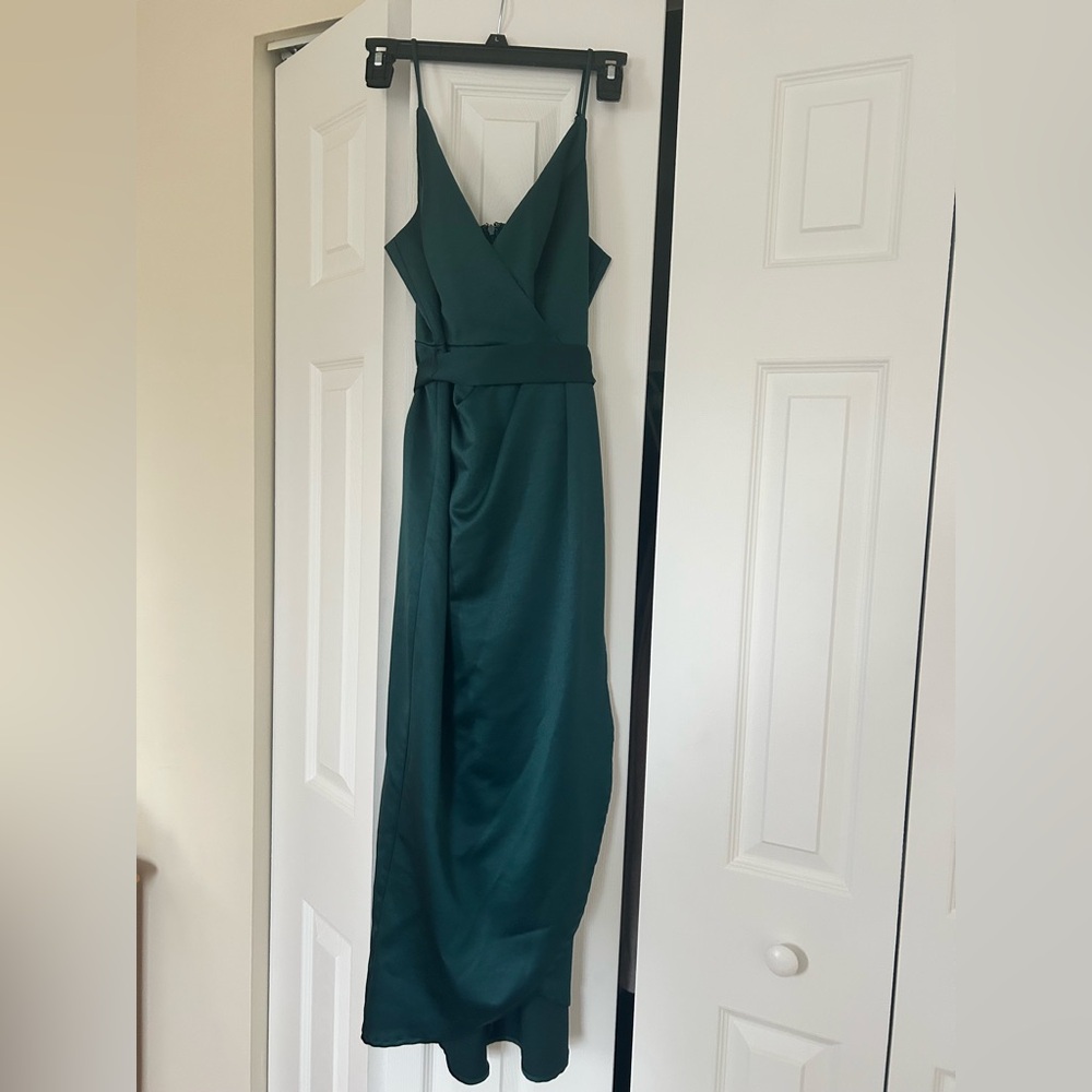 Lulu's Teal Satin V-Neck Maxi Dress
